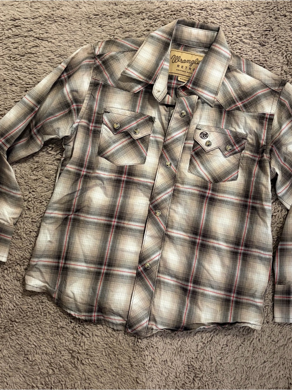 Wrangler Retro Plaid Snap-Front Shirt - Taupe, Black & Red